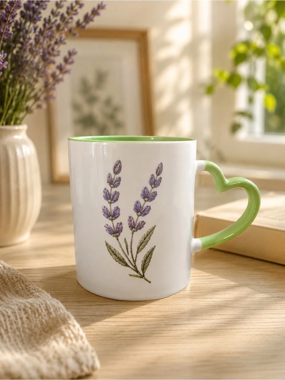 Lavender Bloom White and Green Ceramic Mug - Heart Handle